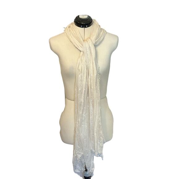 Sheer Cream Scarf with Raw Edge Hem and Silver Threads - Picture 1 of 8